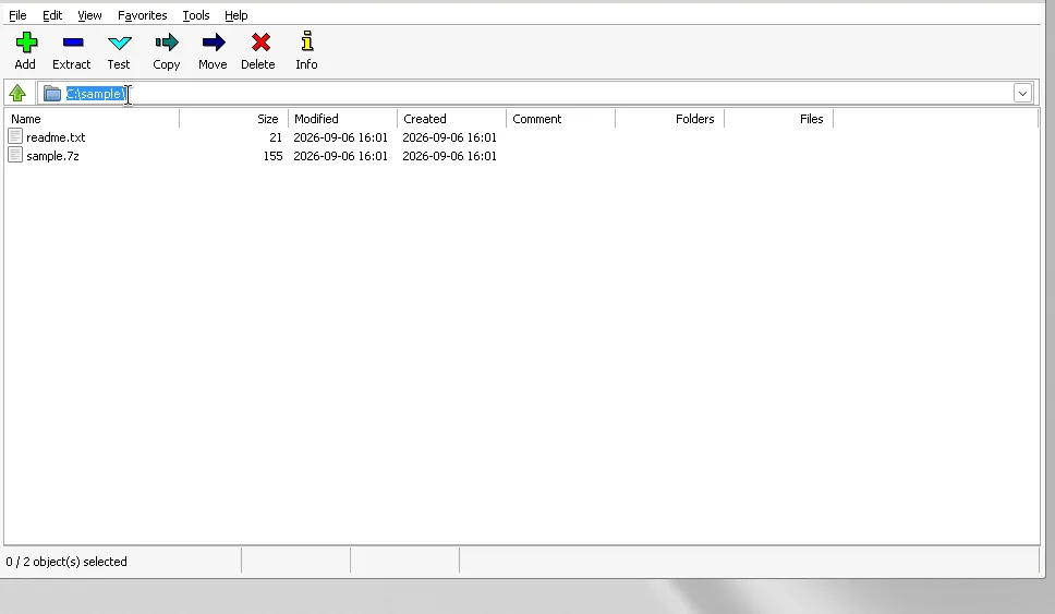 7-Zip File Manager on Windows showing C:\sample\ with readme.txt and sample.7z, toolbar Add Extract Test, and status bar.