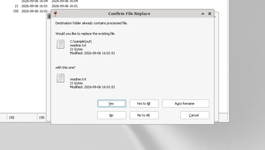 7-Zip extract progress dialog open on sample.7z during a Windows extract job.